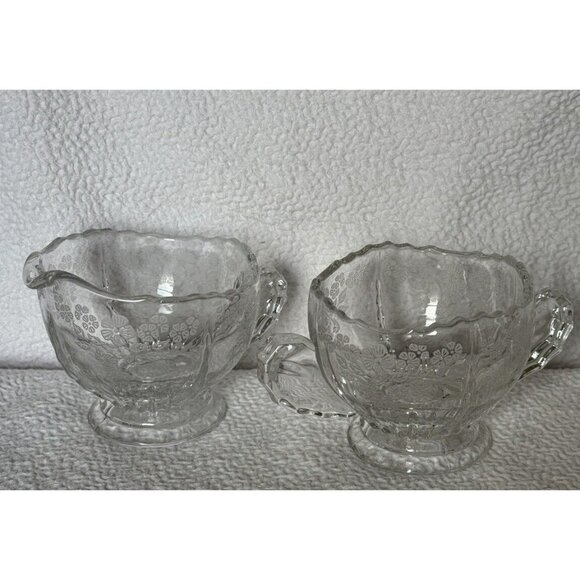 New Martinsville Glass Creamer Sugar Bowl Set Etched Flower Basket Wing Handles - Picture 1 of 13
